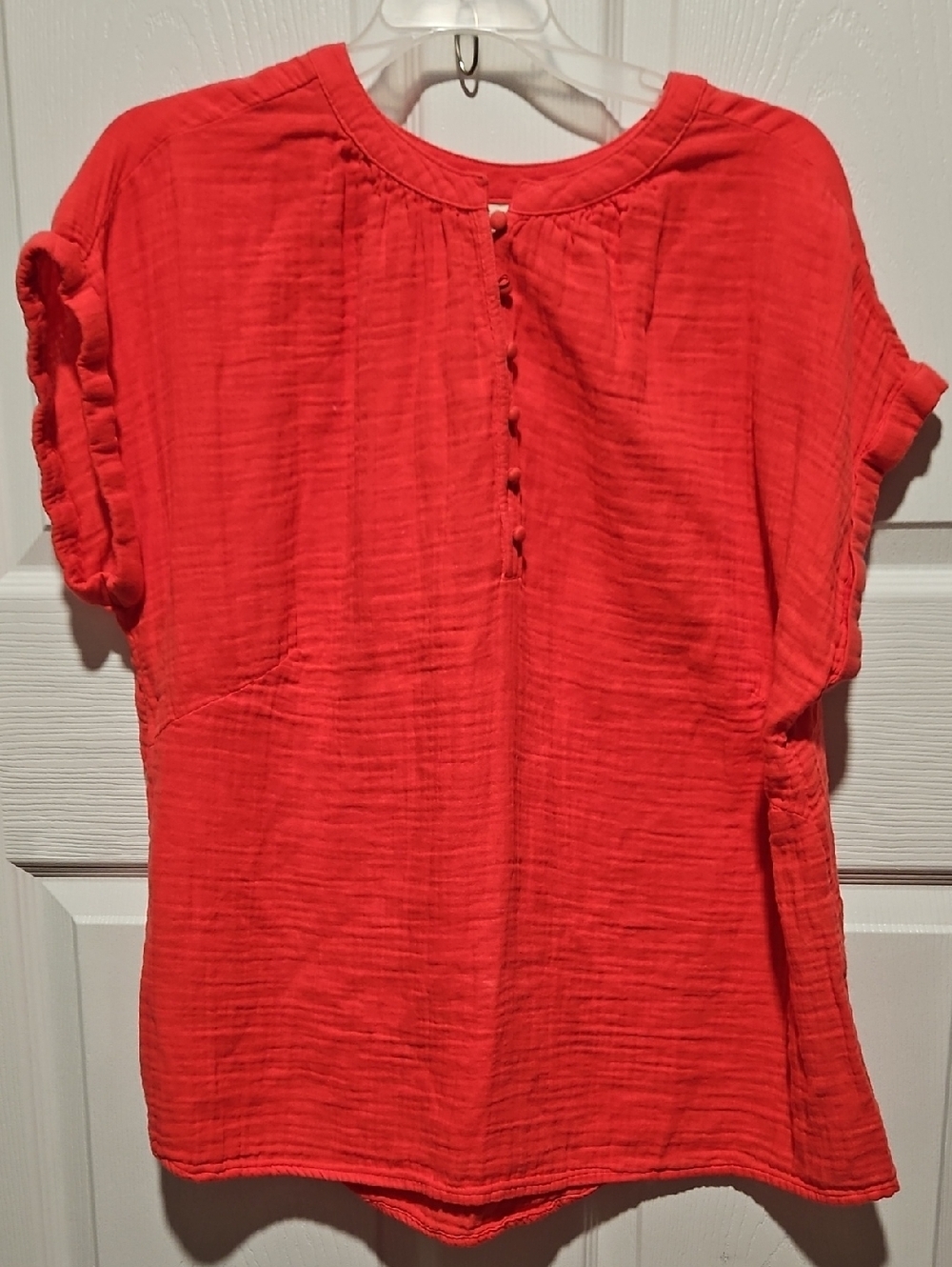 St. John's Bay Coral-Red Short Sleeve Button-Accent Blouse